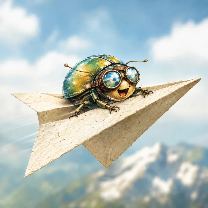 Le petit scarabée aventurier sur son avion en papier