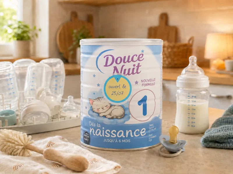 Étiquette autocollante sur une boîte de lait infantile
